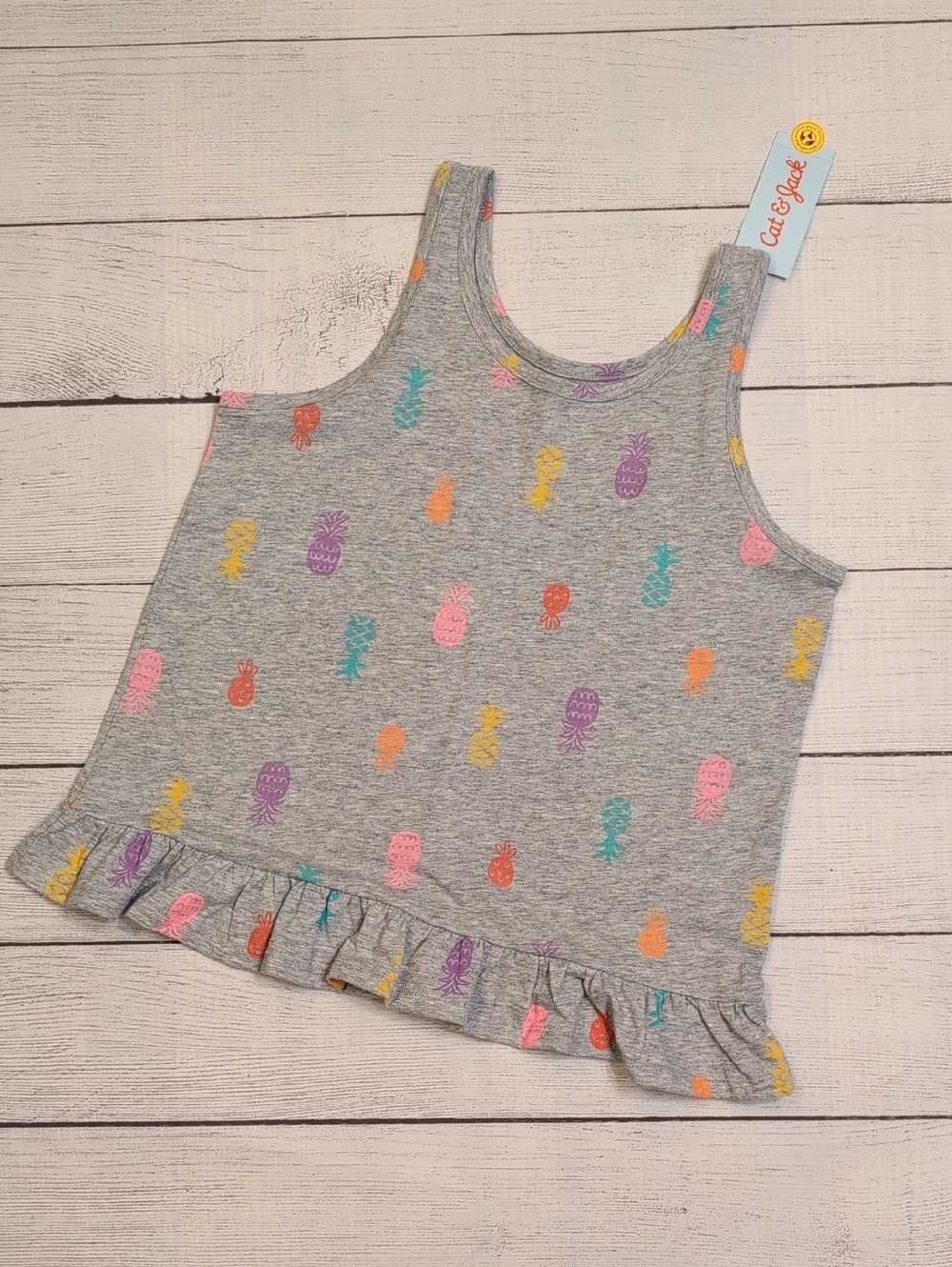 Cat & Jack Gray Tank Top with Multicolor Pineapple Print and Ruffle Hem